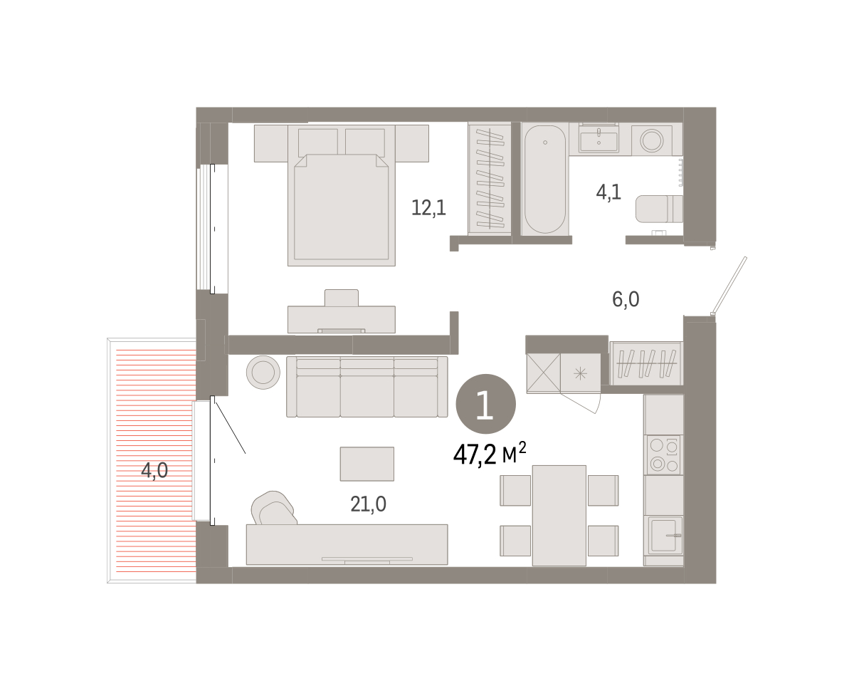 Планировка: Евродвушка 47.2 м² в ЖК На Минской, Центр: Драмтеатр
