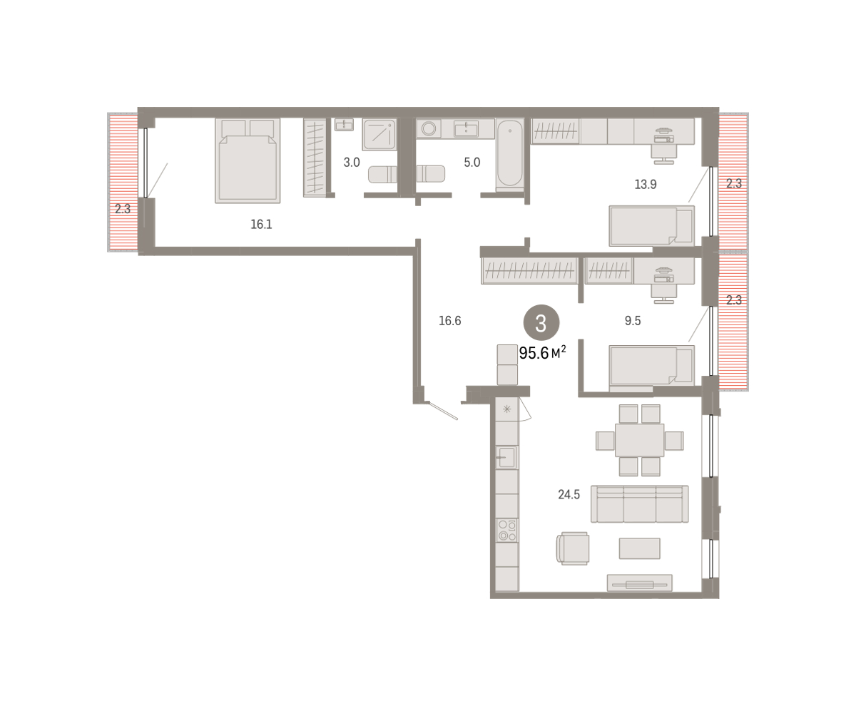 Планировка: 4-комнатная евро 95.5 м² в ЖК Октябрьский на Туре, ДОК