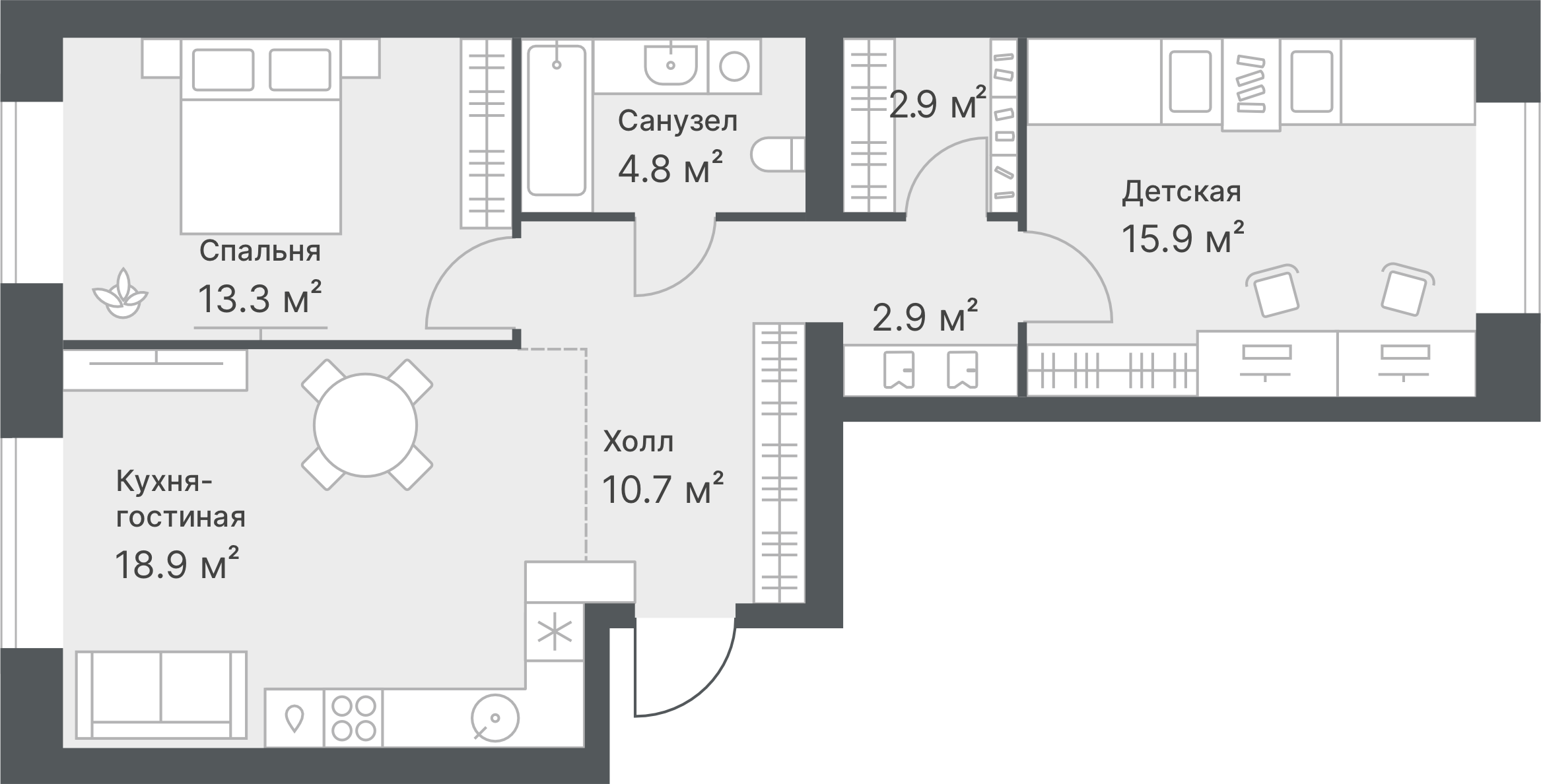 Планировка: Евротрешка 69.4 м² в ЖК Дружеский, Плеханово