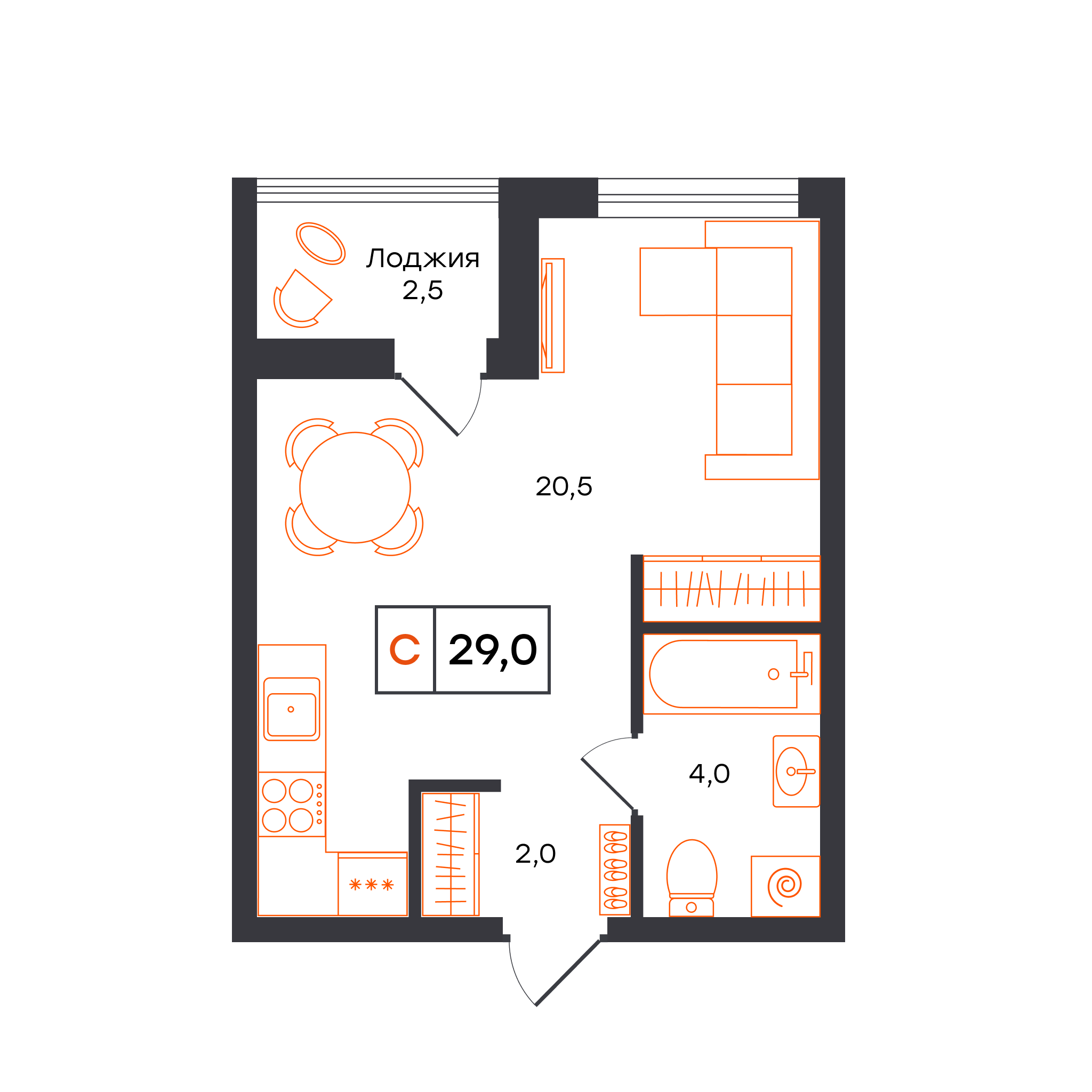 Планировка: Студия 29 м² в ЖК Чемпионский, Чемпионский