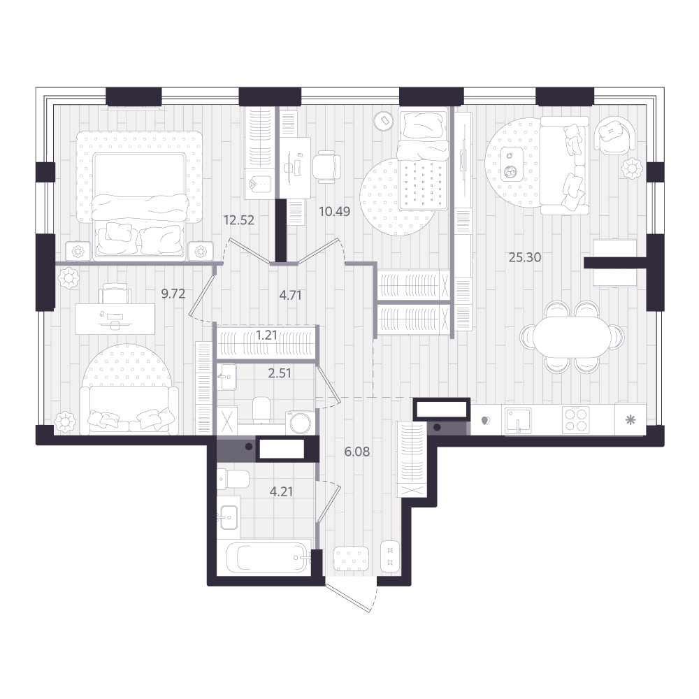 Планировка: 3-комнатная 76.8 м² в ЖК Форсо, Зарека