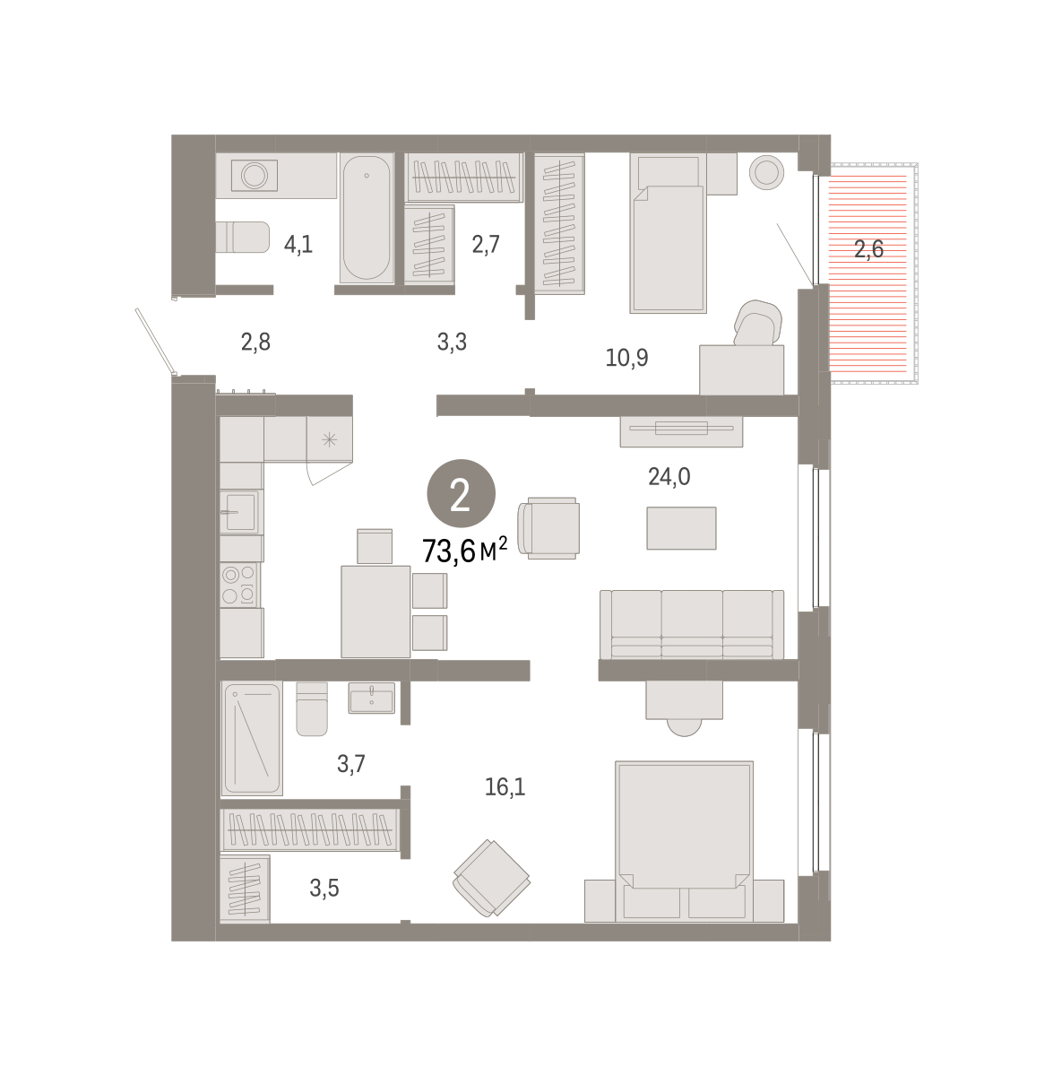 Планировка: Евротрешка 73.6 м² в ЖК Зарека, Заречный
