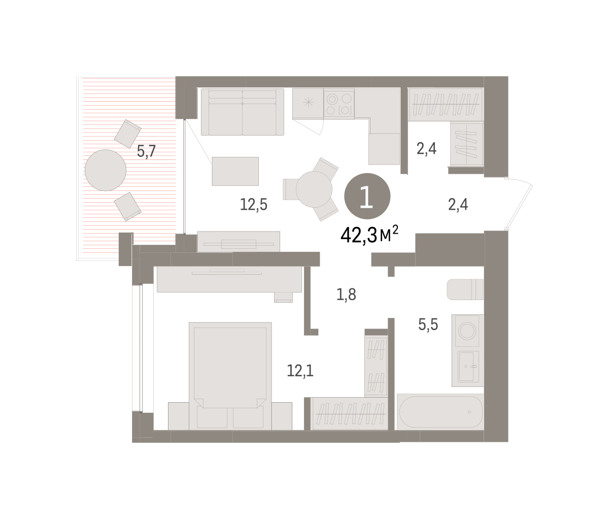 Планировка: 1-комнатная 42.3 м² в ЖК Дом у озера, Европейский
