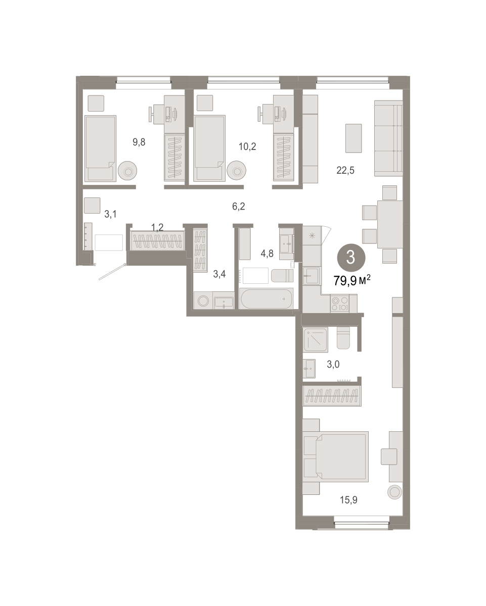 Планировка: 4-комнатная евро 79.9 м² в ЖК Октябрьский на Туре, ДОК