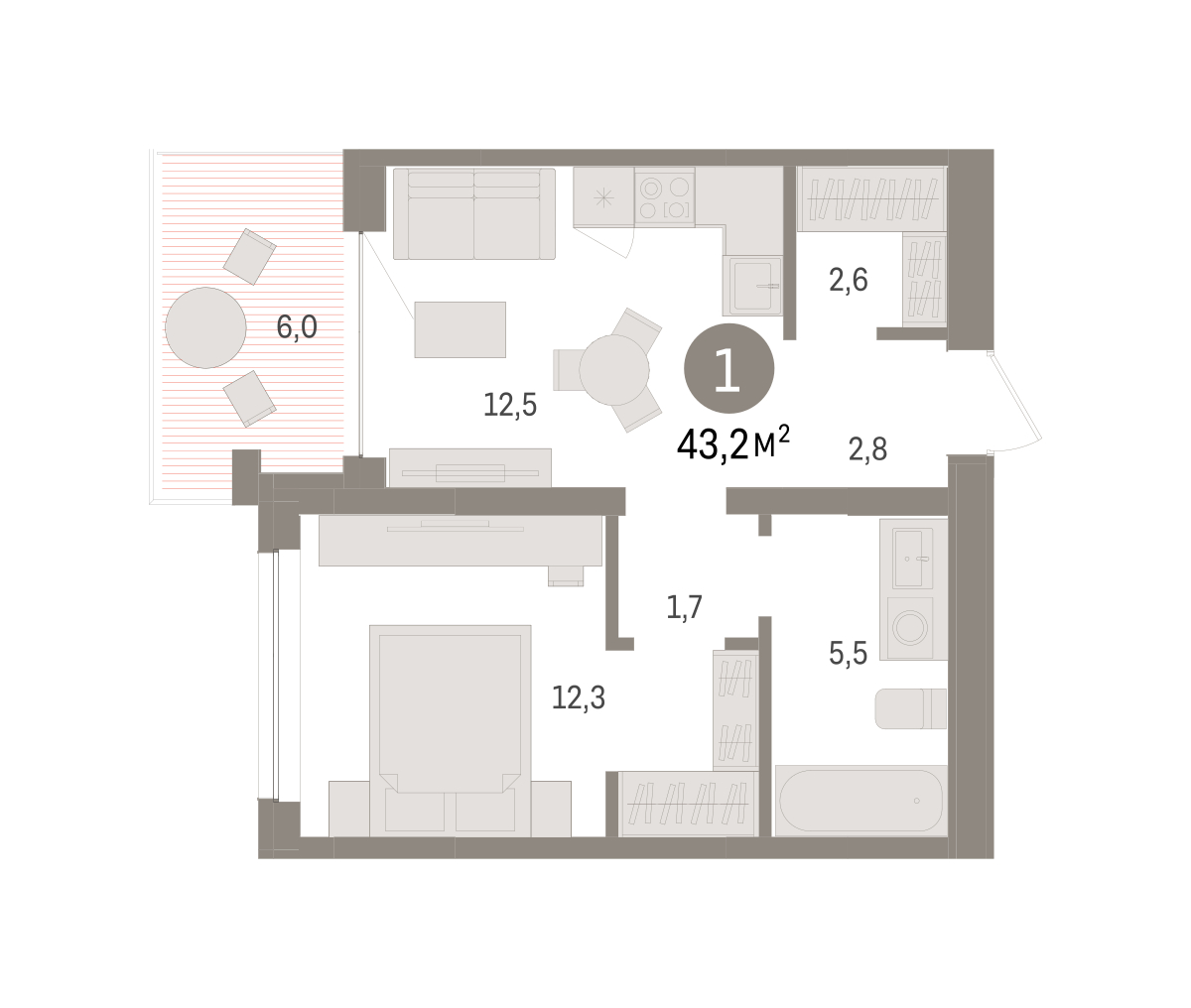 Планировка: 1-комнатная 43.2 м² в ЖК Дом у озера, Европейский