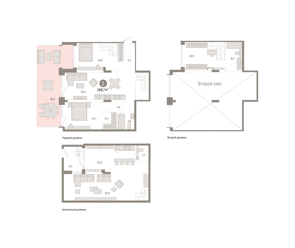 Планировка: Евротрешка 188.7 м² в ЖК Дом у озера, Европейский