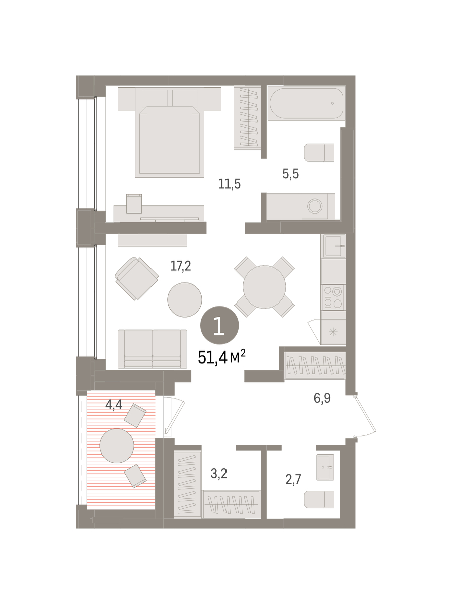 Планировка: 1-комнатная 51.4 м² в ЖК Дом у озера, Европейский