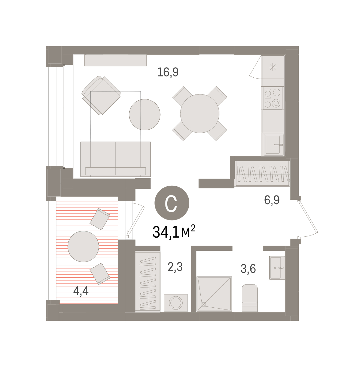 Планировка: Студия 34.1 м² в ЖК Дом у озера, Европейский