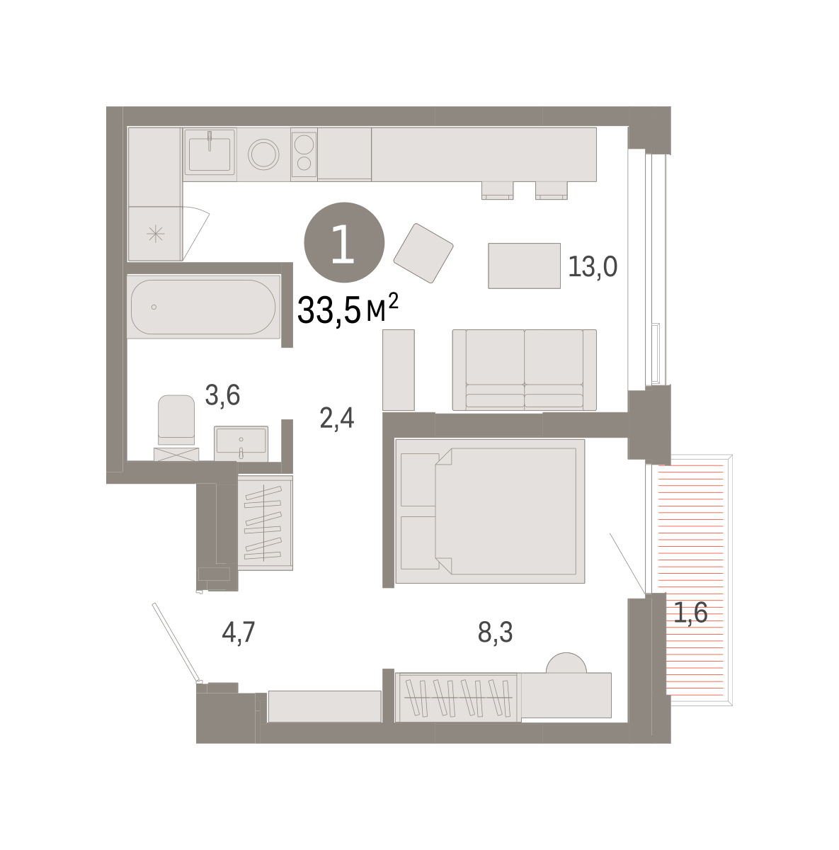 Планировка: Евродвушка 33.5 м² в ЖК Зарека, Заречный