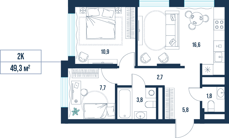 Планировка: Формат уточняется 49.3 м² в ЖК AIRIS, Комарово Парк