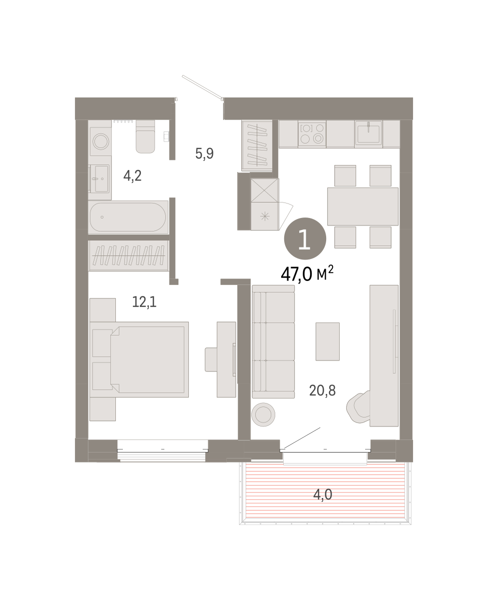 Планировка: Евродвушка 47 м² в ЖК На Минской, Центр: Драмтеатр