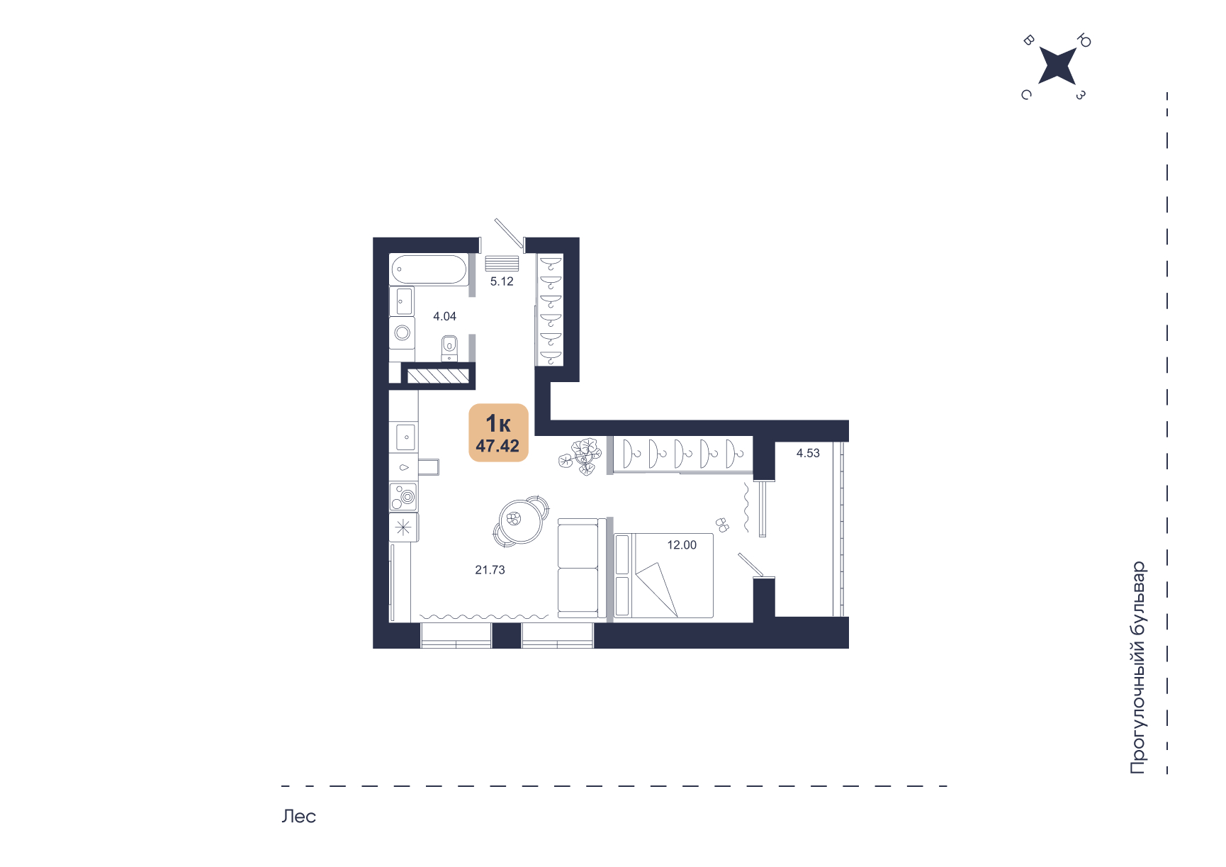 Планировка: Евродвушка 47.4 м² в ЖК Хито, От Слободы до Комарово парк