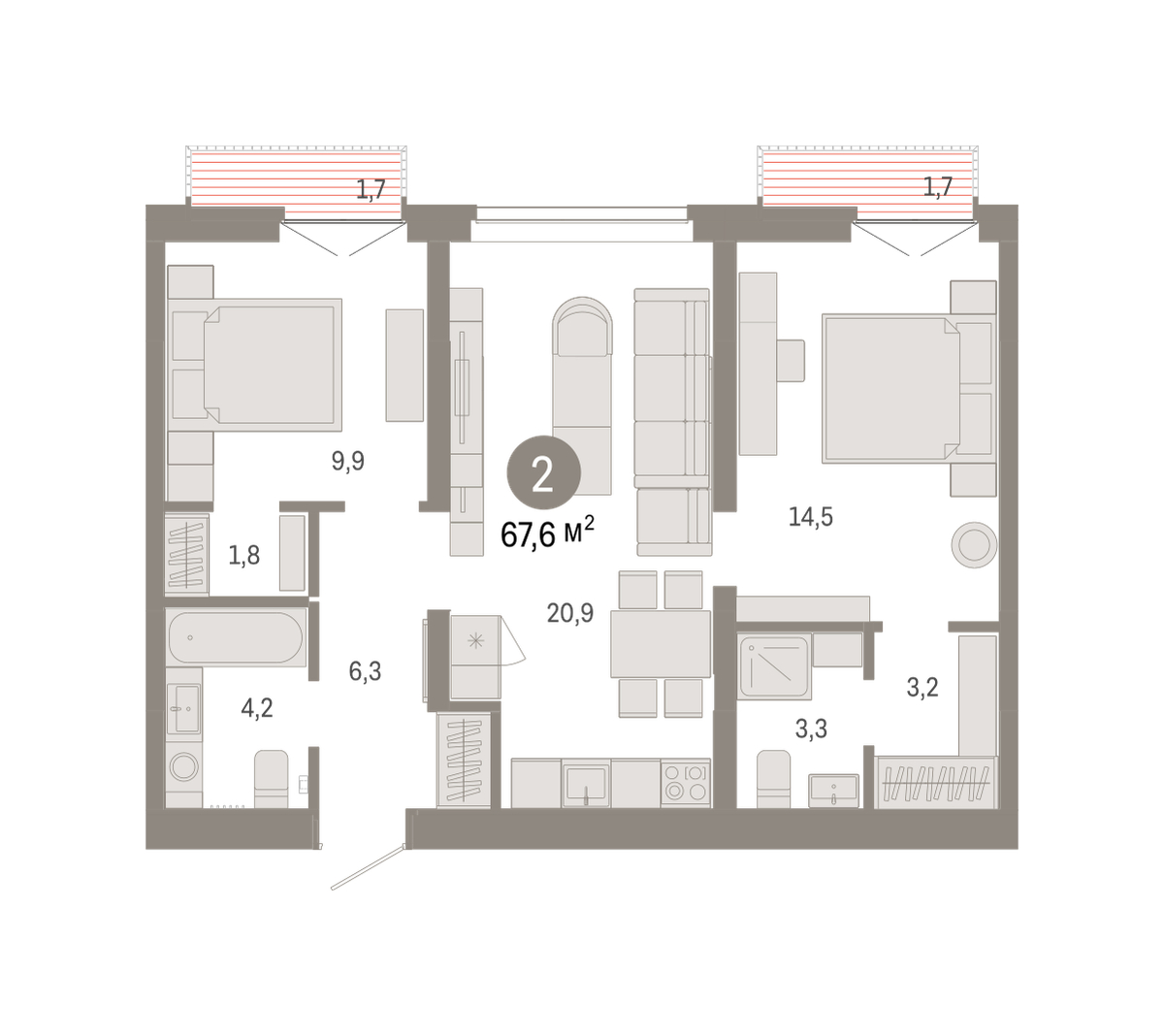 Планировка: Формат уточняется 67.6 м² в ЖК Республики 205, Центр: КПД