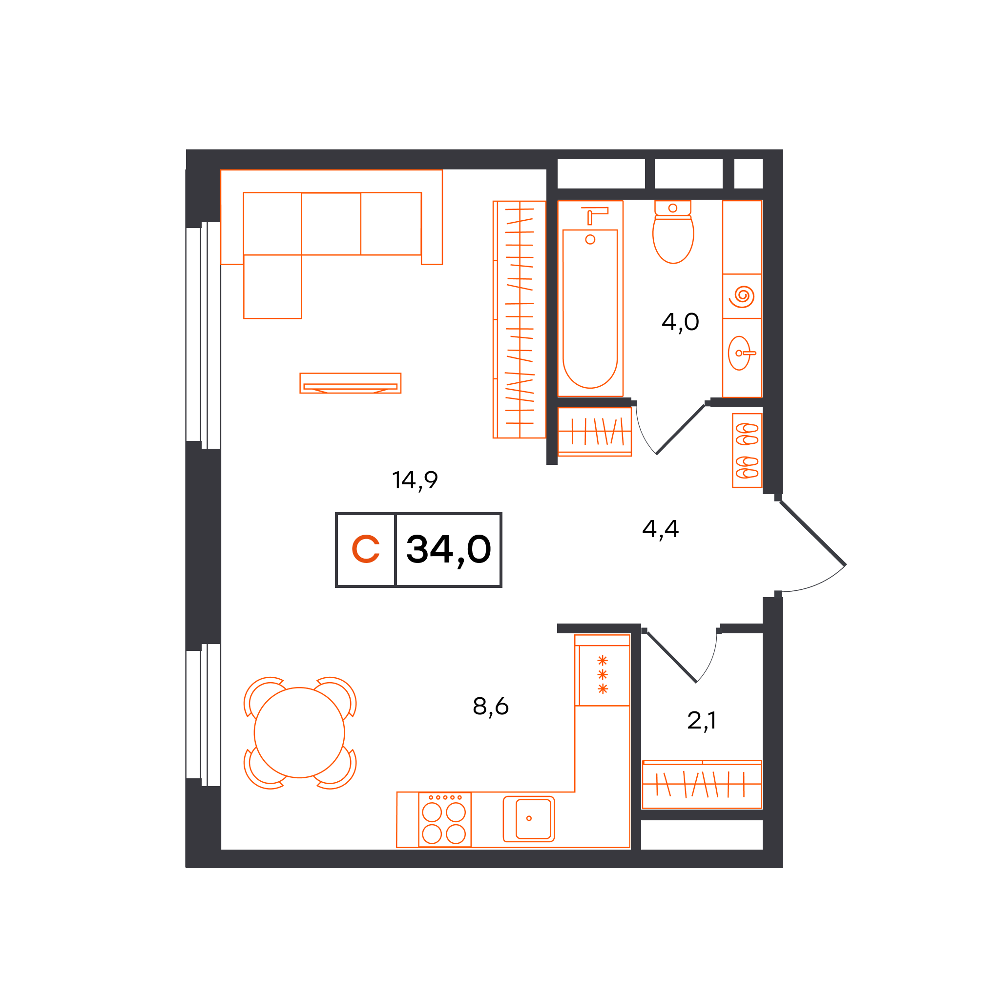 Планировка: Студия 34 м² в ЖК Отличие, Комарово Парк