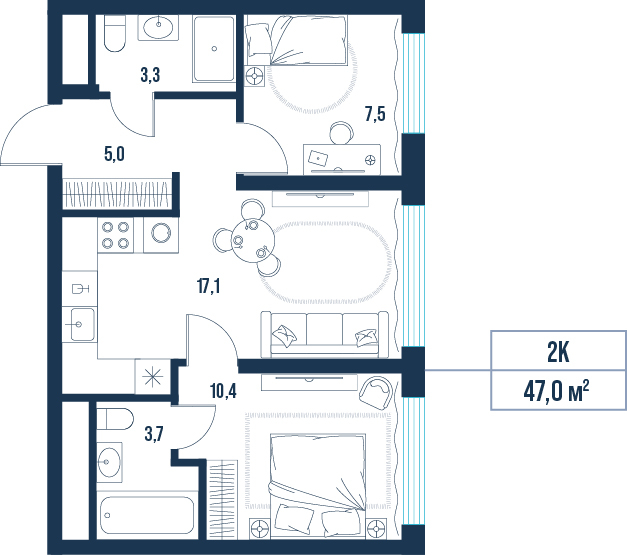 Планировка: Формат уточняется 47 м² в ЖК AIRIS, Комарово Парк