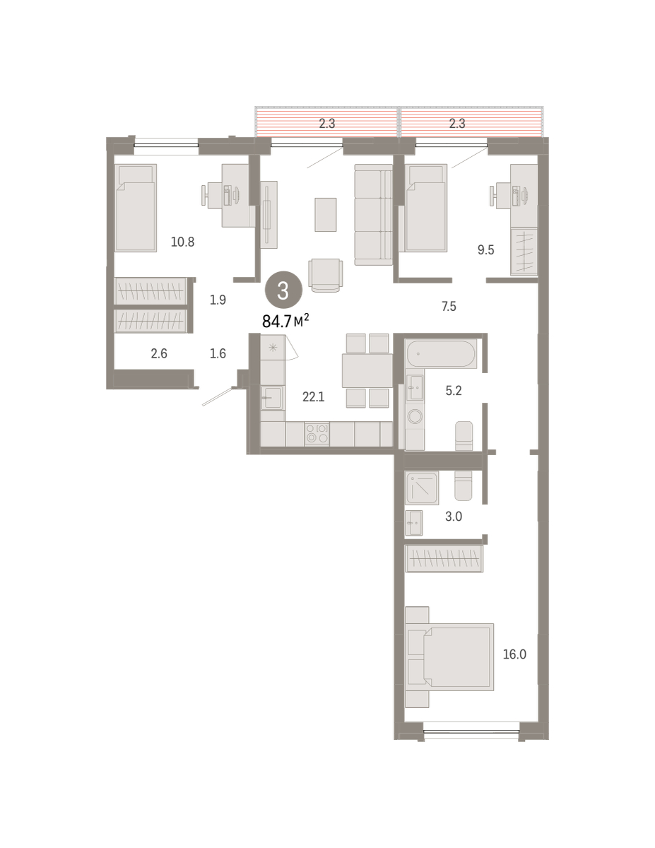 Планировка: 4-комнатная евро 84.7 м² в ЖК Октябрьский на Туре, ДОК