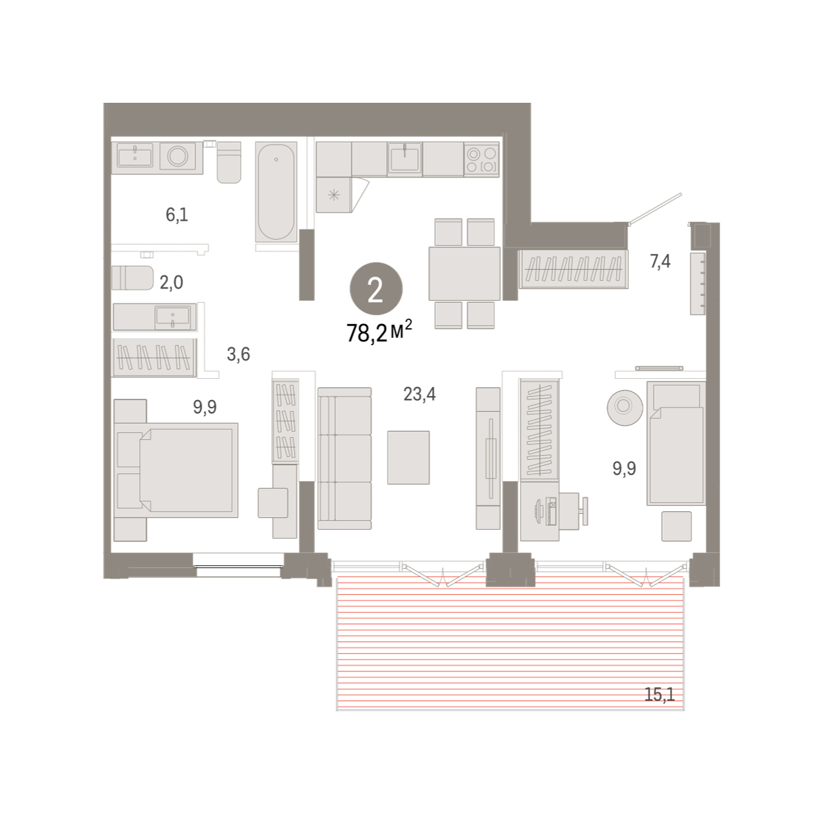 Планировка: Формат уточняется 78.2 м² в ЖК Республики 205, Центр: КПД