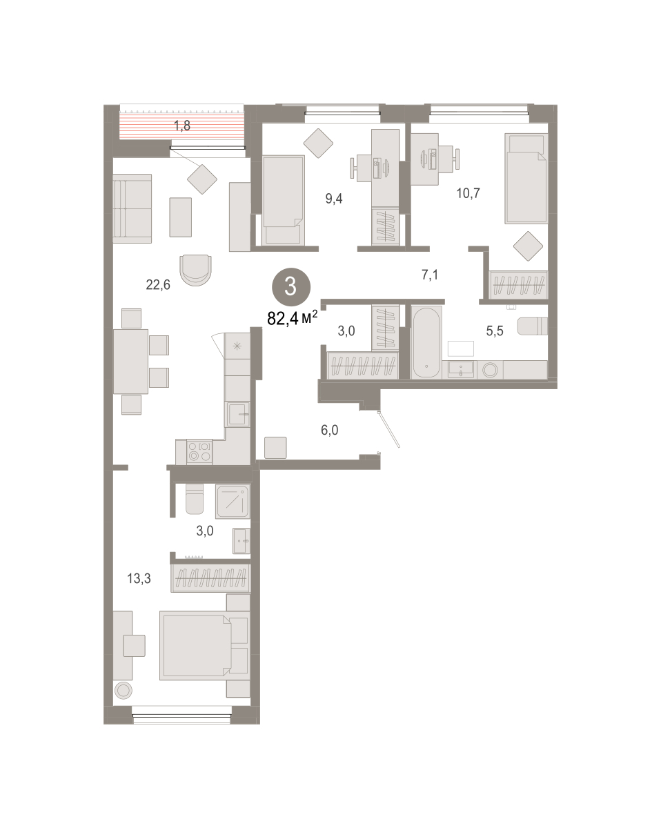 Планировка: 4-комнатная евро 82.4 м² в ЖК Октябрьский на Туре, ДОК