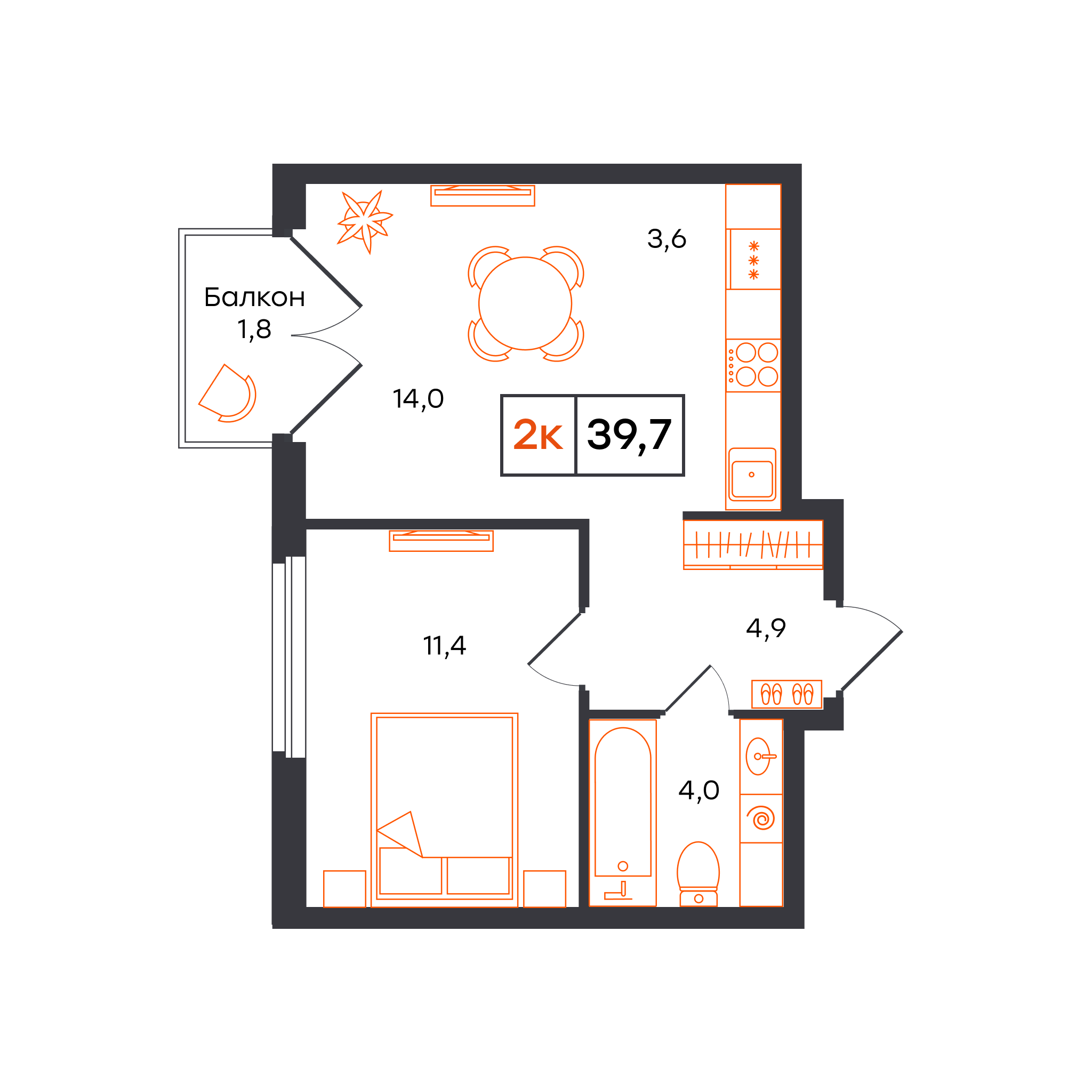 Планировка: Евродвушка 39.7 м² в ЖК Отличие, Комарово Парк