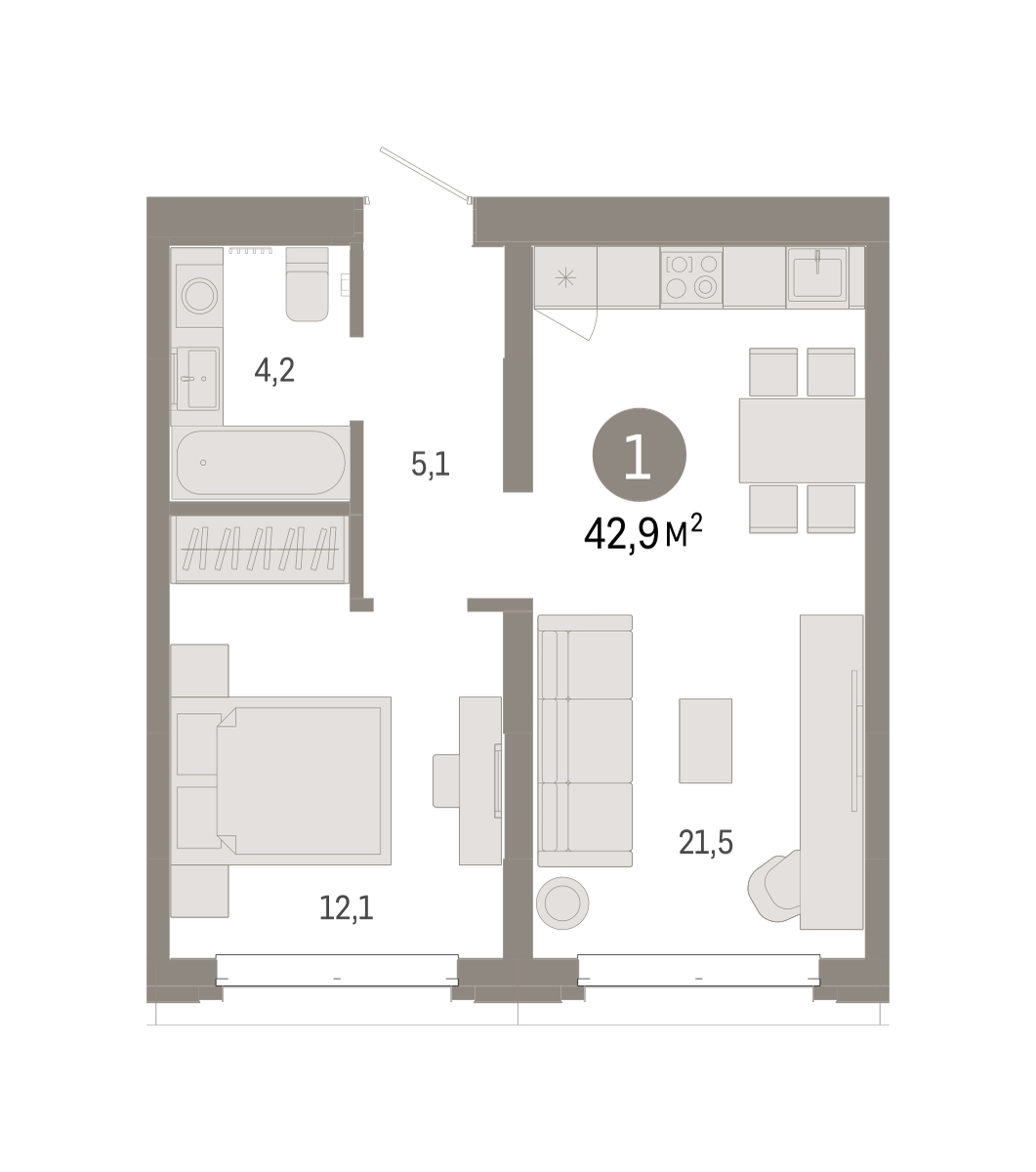 Планировка: Евродвушка 42.9 м² в ЖК На Минской, Центр: Драмтеатр