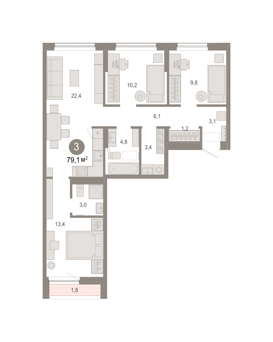 Планировка: 4-комнатная евро 79.1 м² в ЖК Октябрьский на Туре, ДОК