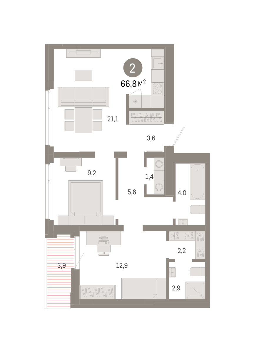 Планировка: Евротрешка 66.9 м² в ЖК Республики 205, Центр: КПД