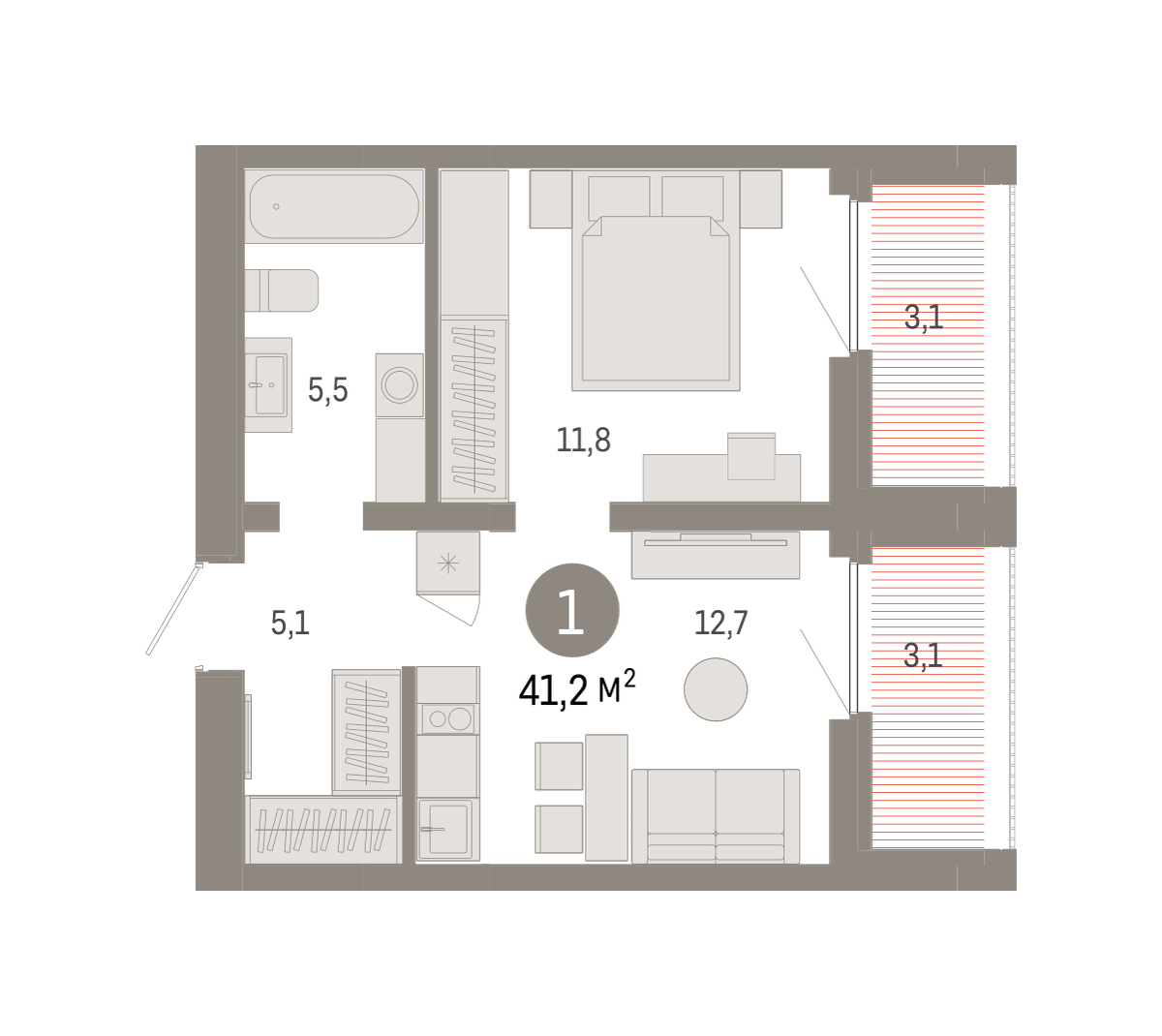 Планировка: Евродвушка 41.2 м² в ЖК Зарека, Заречный