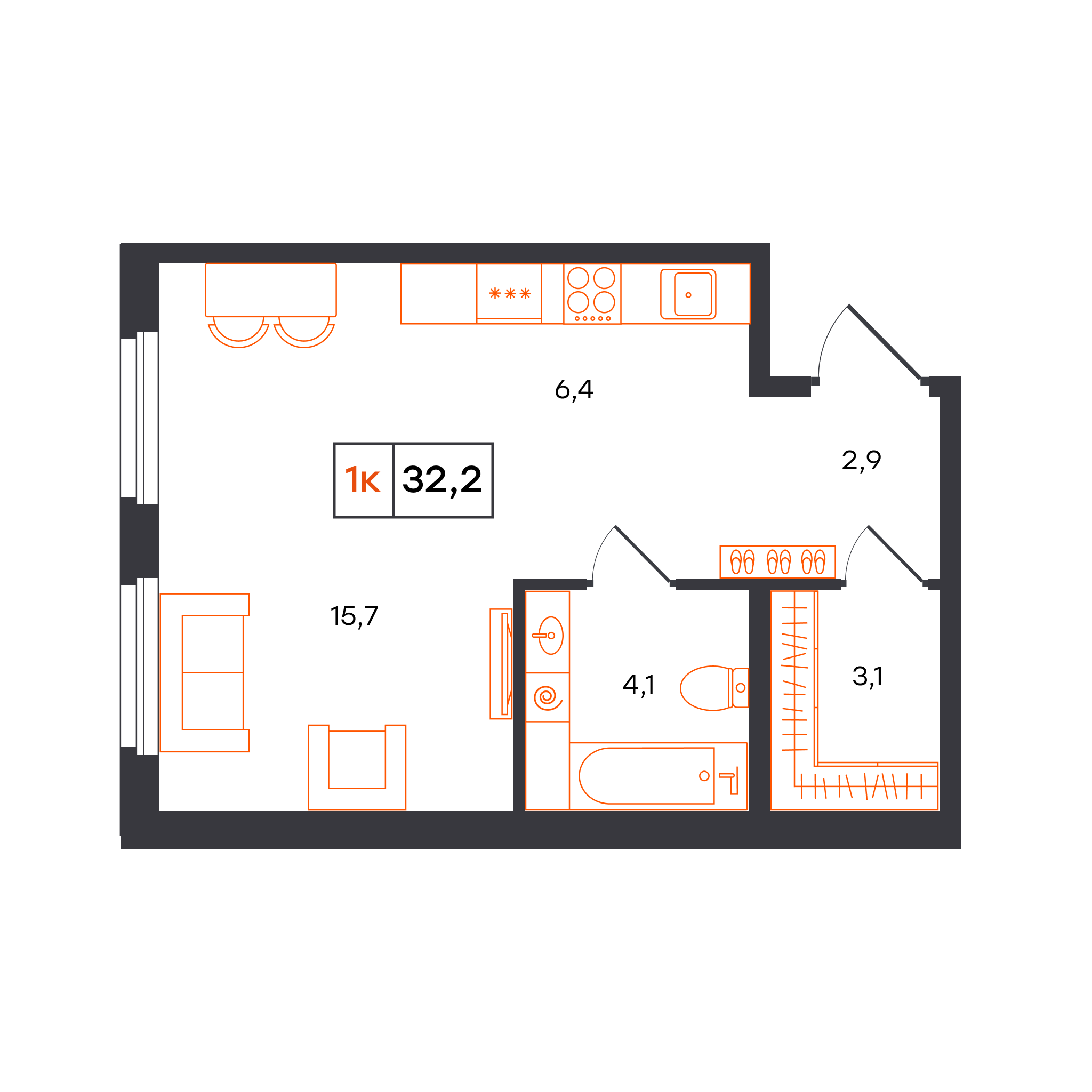 Планировка: Студия 32.2 м² в ЖК Отличие, Комарово Парк