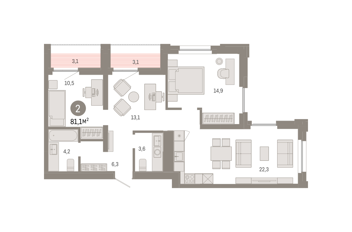 Планировка: Евротрешка 81.1 м² в ЖК Зарека, Заречный