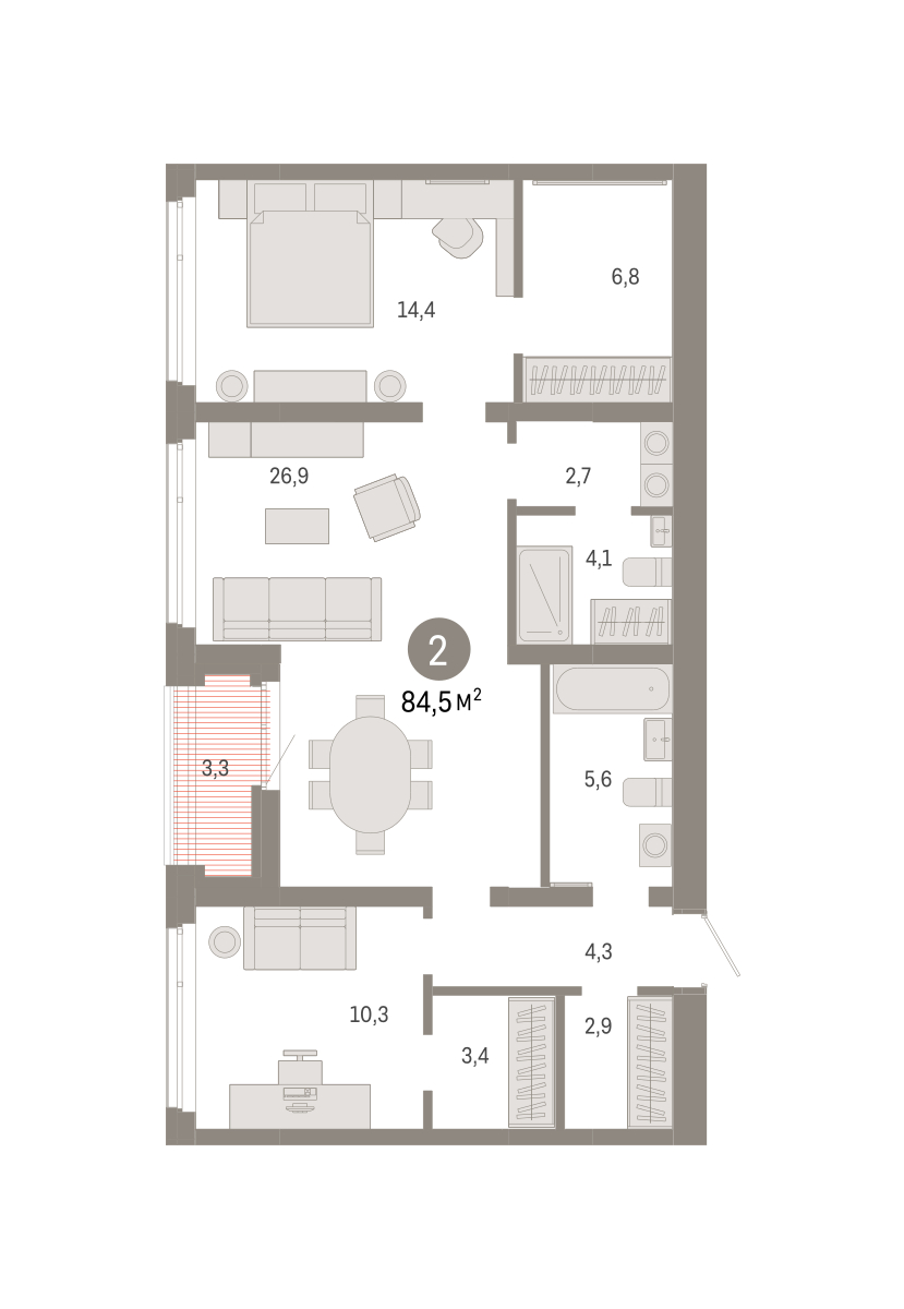 Планировка: Евротрешка 84.5 м² в ЖК Республики 205, Центр: КПД