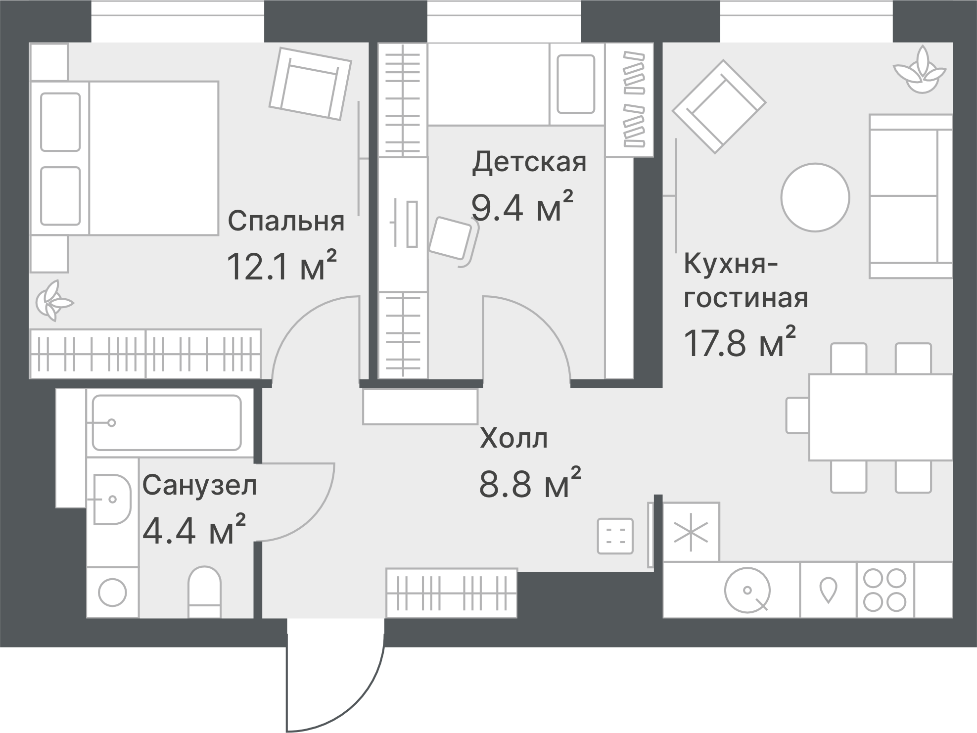 Планировка: Евротрешка 52.5 м² в ЖК Дружеский, Плеханово