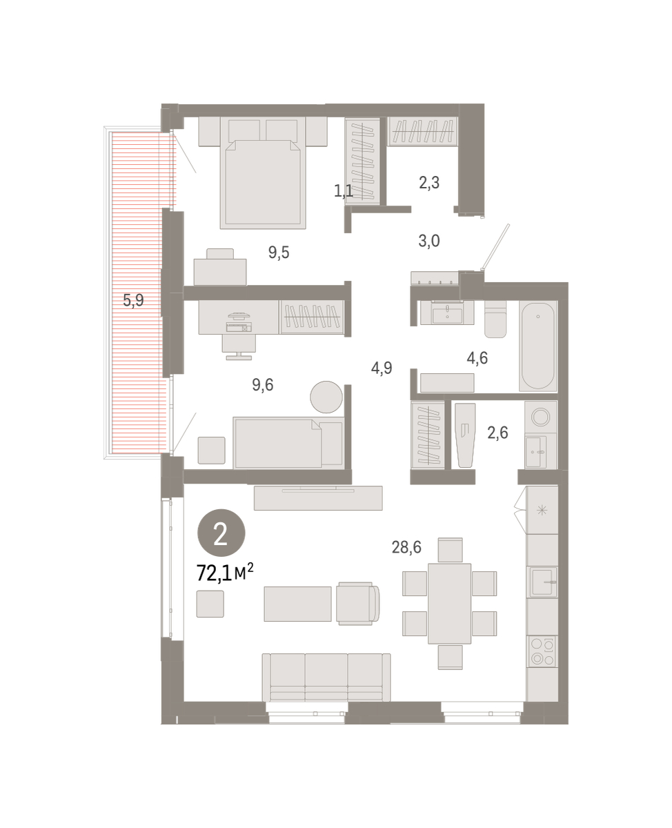 Планировка: Евротрешка 72.1 м² в ЖК Республики 205, Центр: КПД