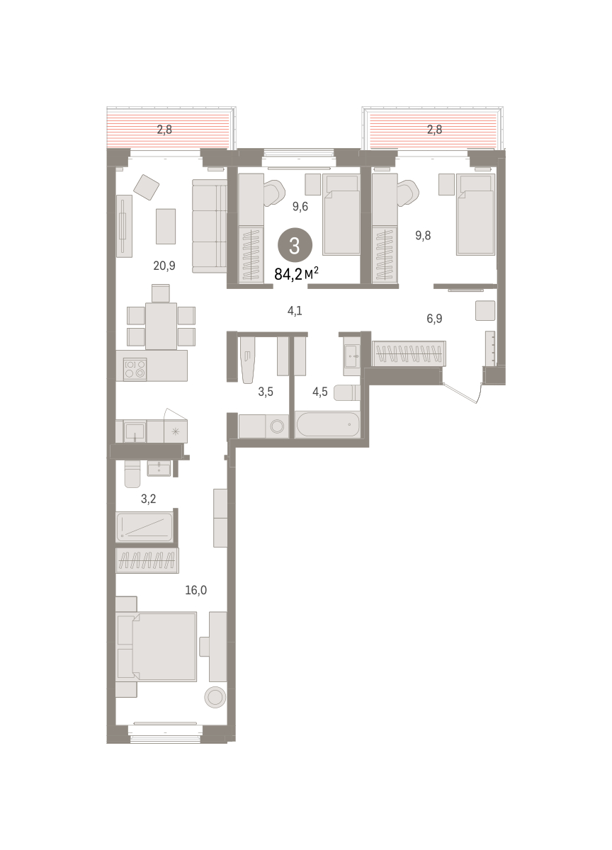 Планировка: 4-комнатная евро 84.2 м² в ЖК На Минской, Центр: Драмтеатр