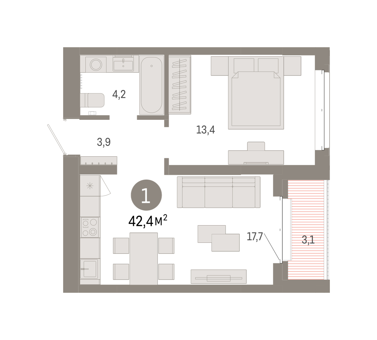 Планировка: Евродвушка 42.4 м² в ЖК На Минской, Центр: Драмтеатр