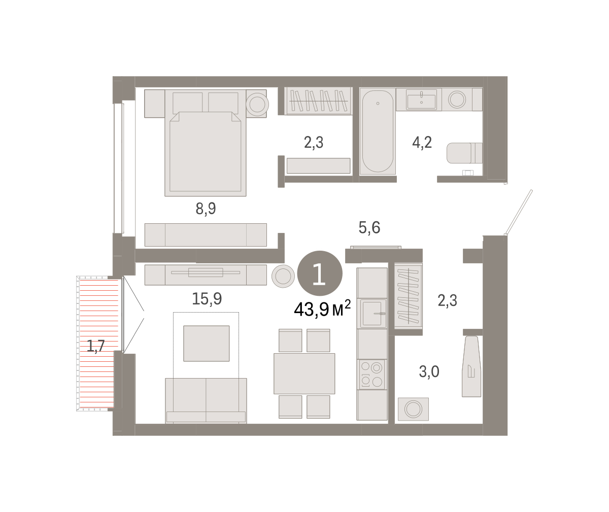 Планировка: 1-комнатная 43.9 м² в ЖК Республики 205, Центр: КПД