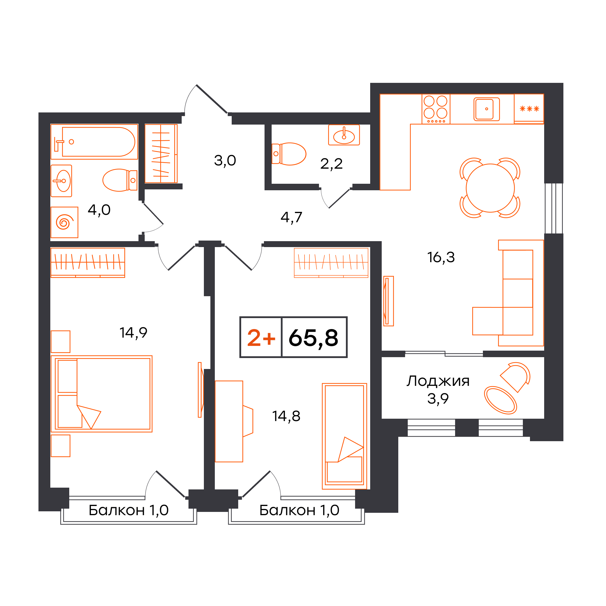 Планировка: Евротрешка 65.8 м² в ЖК Умный квартал UNO, Московский тракт