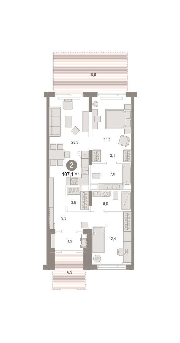 Планировка: Евротрешка 107.1 м² в ЖК Октябрьский на Туре, ДОК