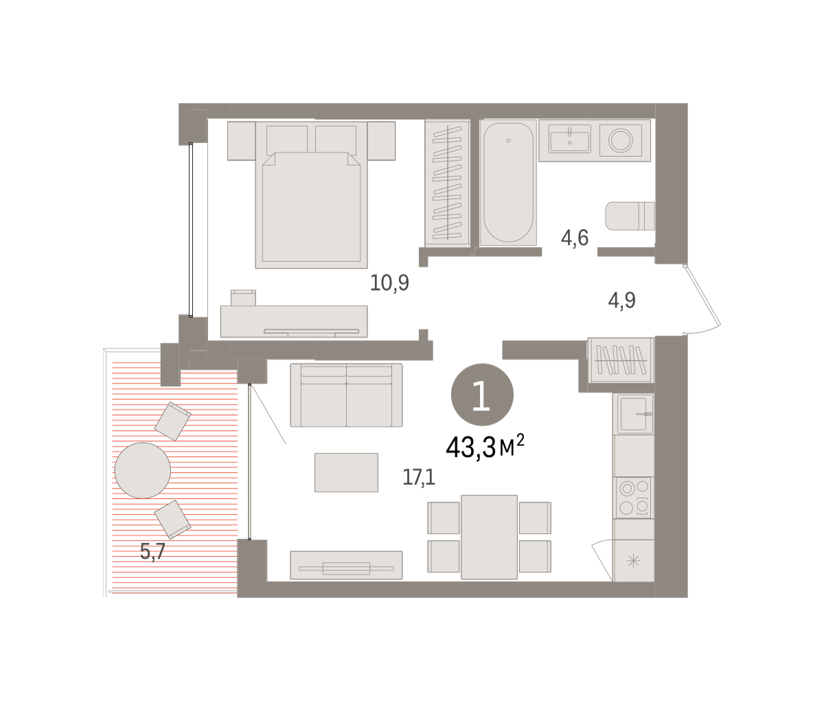 Планировка: 1-комнатная 43.3 м² в ЖК Дом у озера, Европейский