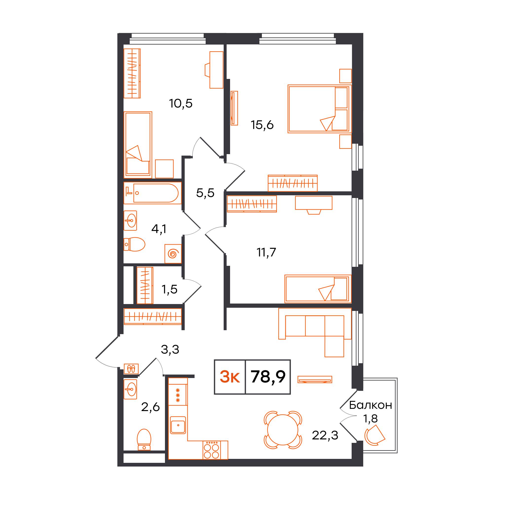 Планировка: 3-комнатная 78.9 м² в ЖК Отличие, Комарово Парк