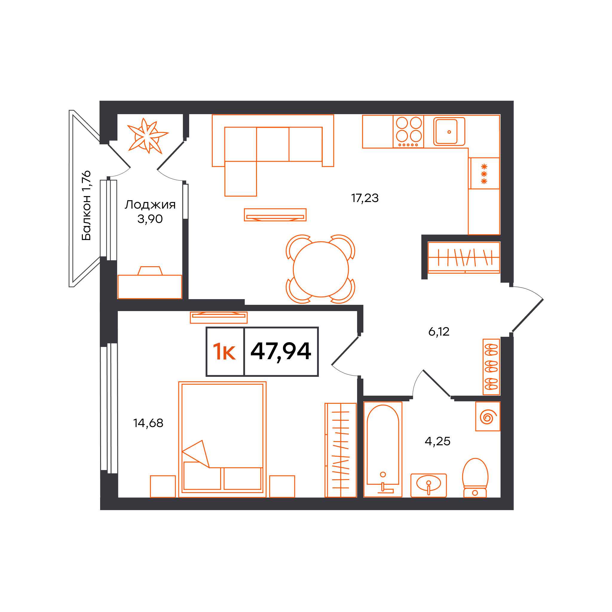 Планировка: Евродвушка 47.9 м² в ЖК Отличие, Комарово Парк