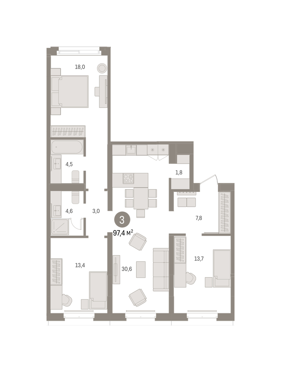 Планировка: 4-комнатная евро 97.4 м² в ЖК На Минской, Центр: Драмтеатр