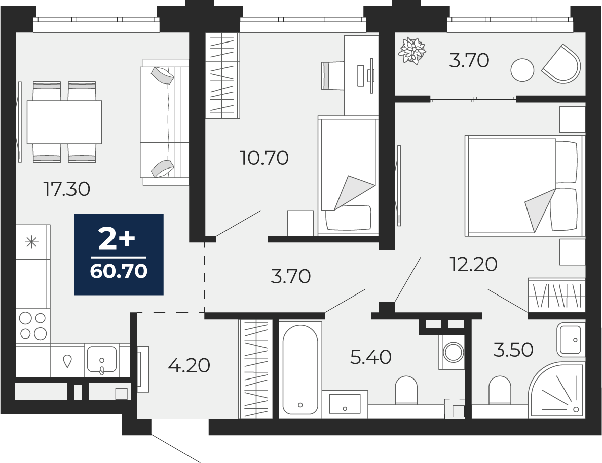 Планировка: 2-комнатная 57 м² в ЖК Айвазовский, 5-й Заречный