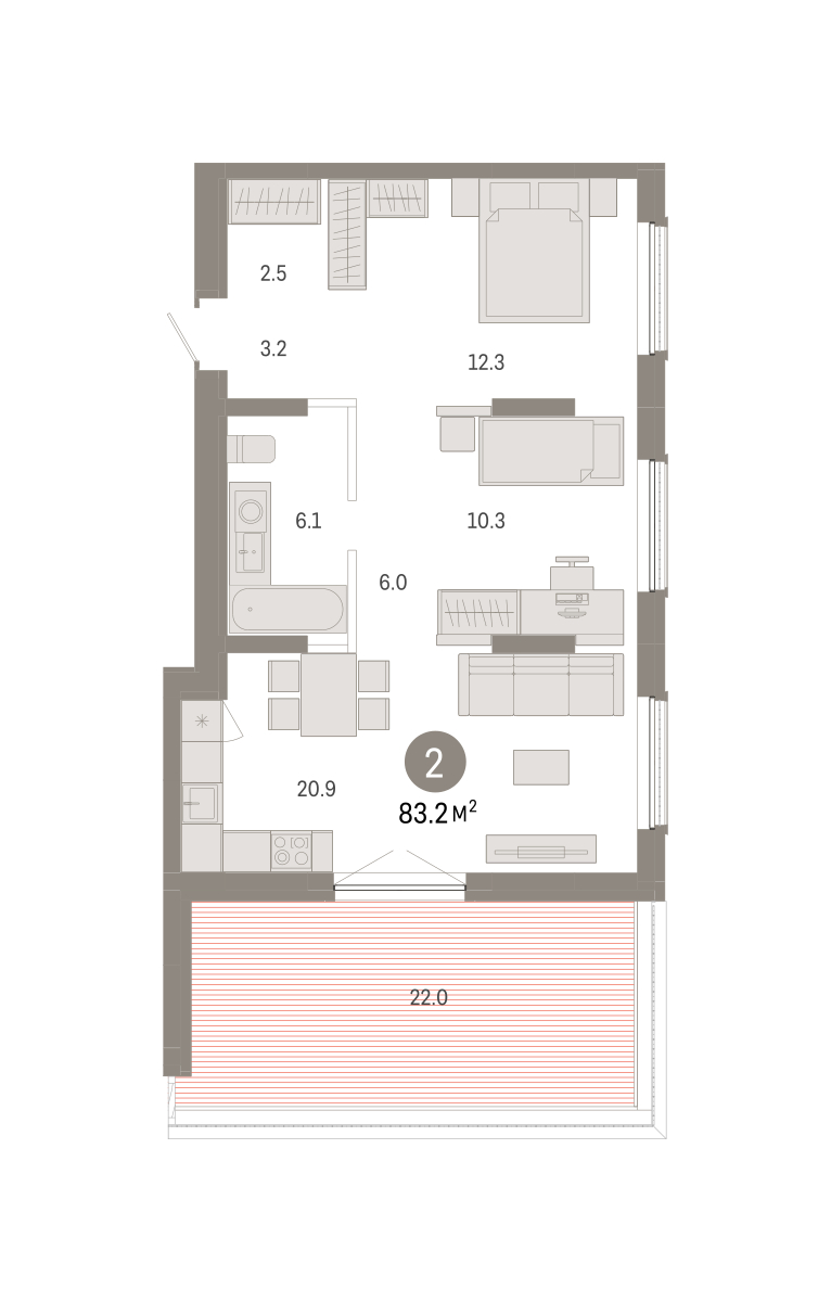 Планировка: Евротрешка 83.2 м² в ЖК Октябрьский на Туре, ДОК