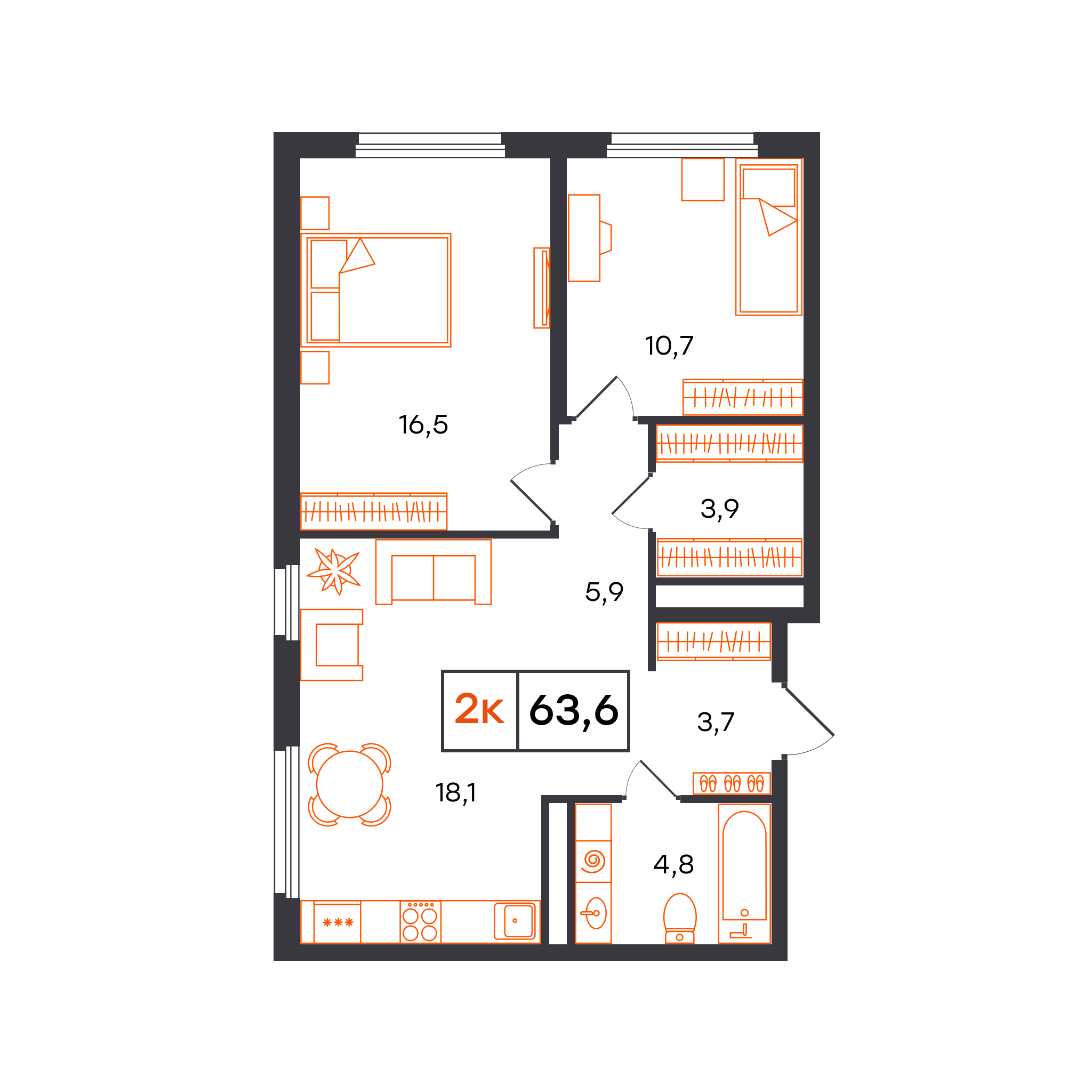 Планировка: Евротрешка 63.6 м² в ЖК Отличие, Комарово Парк