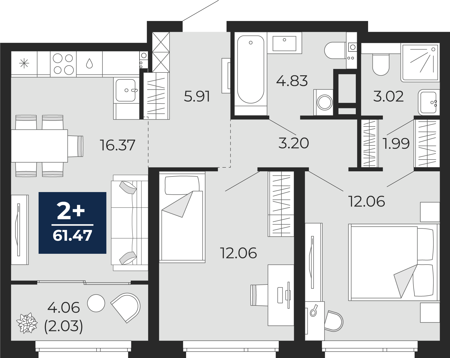 Планировка: Евротрешка 59.4 м² в ЖК Прео, Тюменская слобода