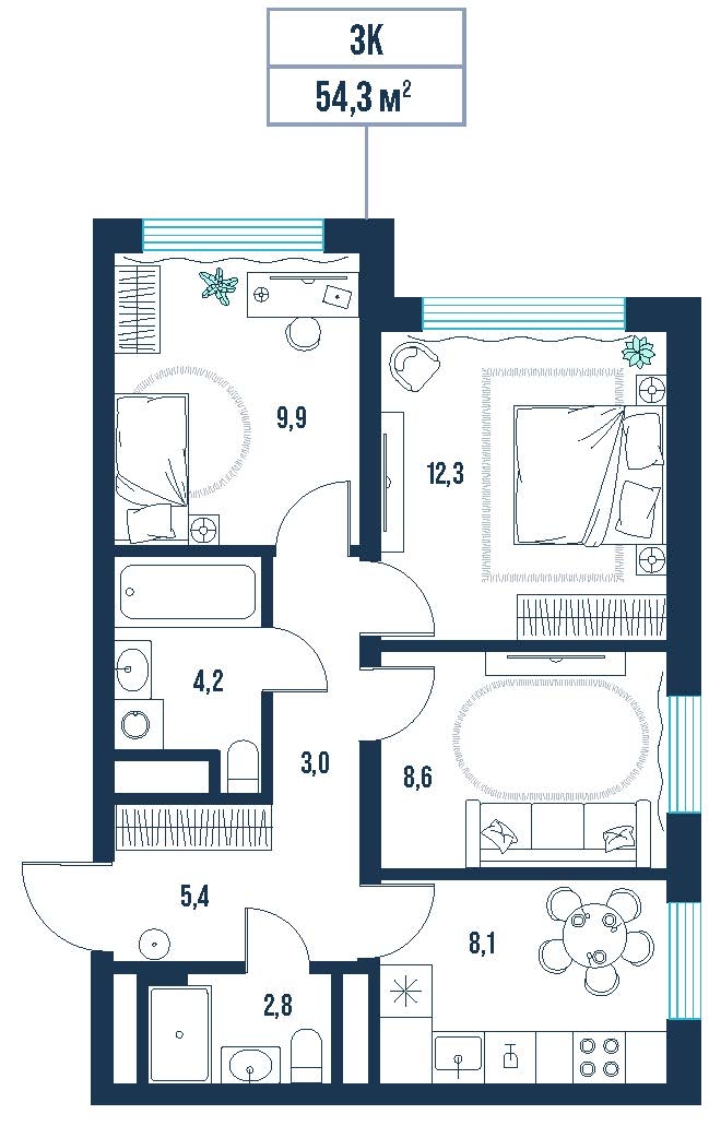 Планировка: Формат уточняется 54.3 м² в ЖК AIRIS, Комарово Парк