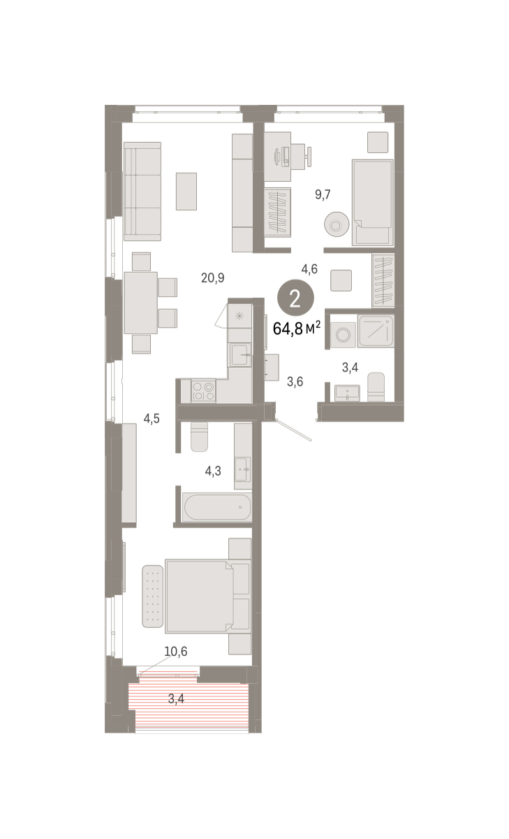 Планировка: Евротрешка 64.8 м² в ЖК Республики 205, Центр: КПД