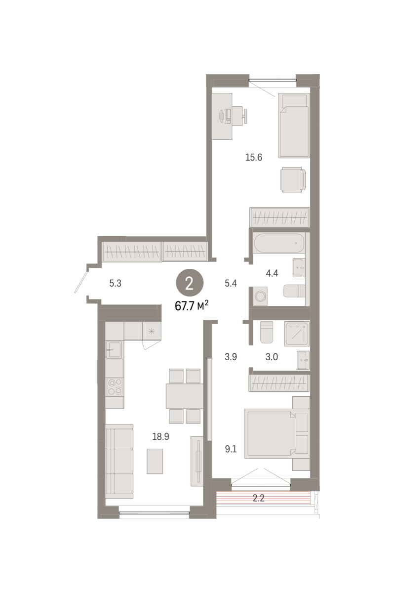 Планировка: 2-комнатная 67.7 м² в ЖК Октябрьский на Туре, ДОК