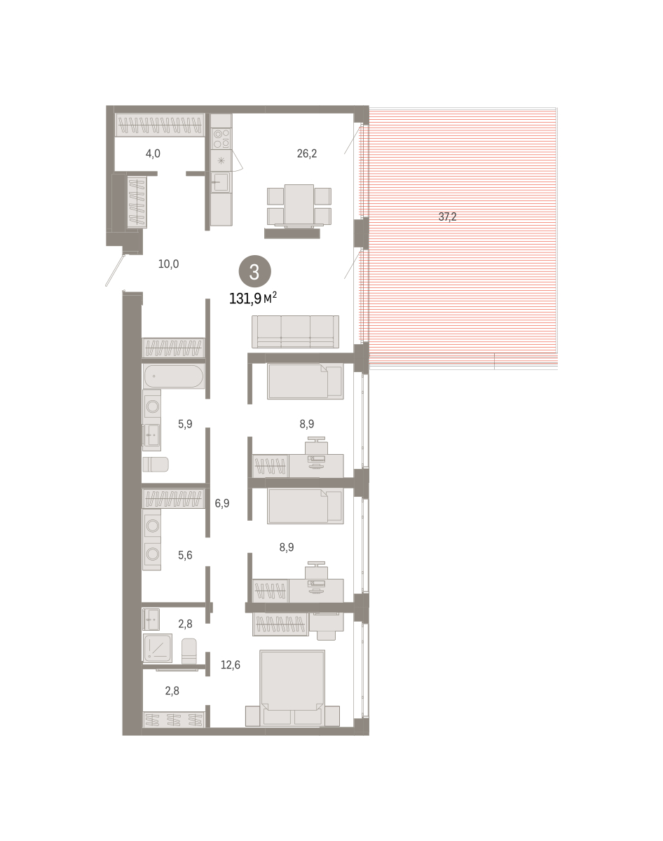 Планировка: 4-комнатная евро 131.9 м² в ЖК Республики 205, Центр: КПД