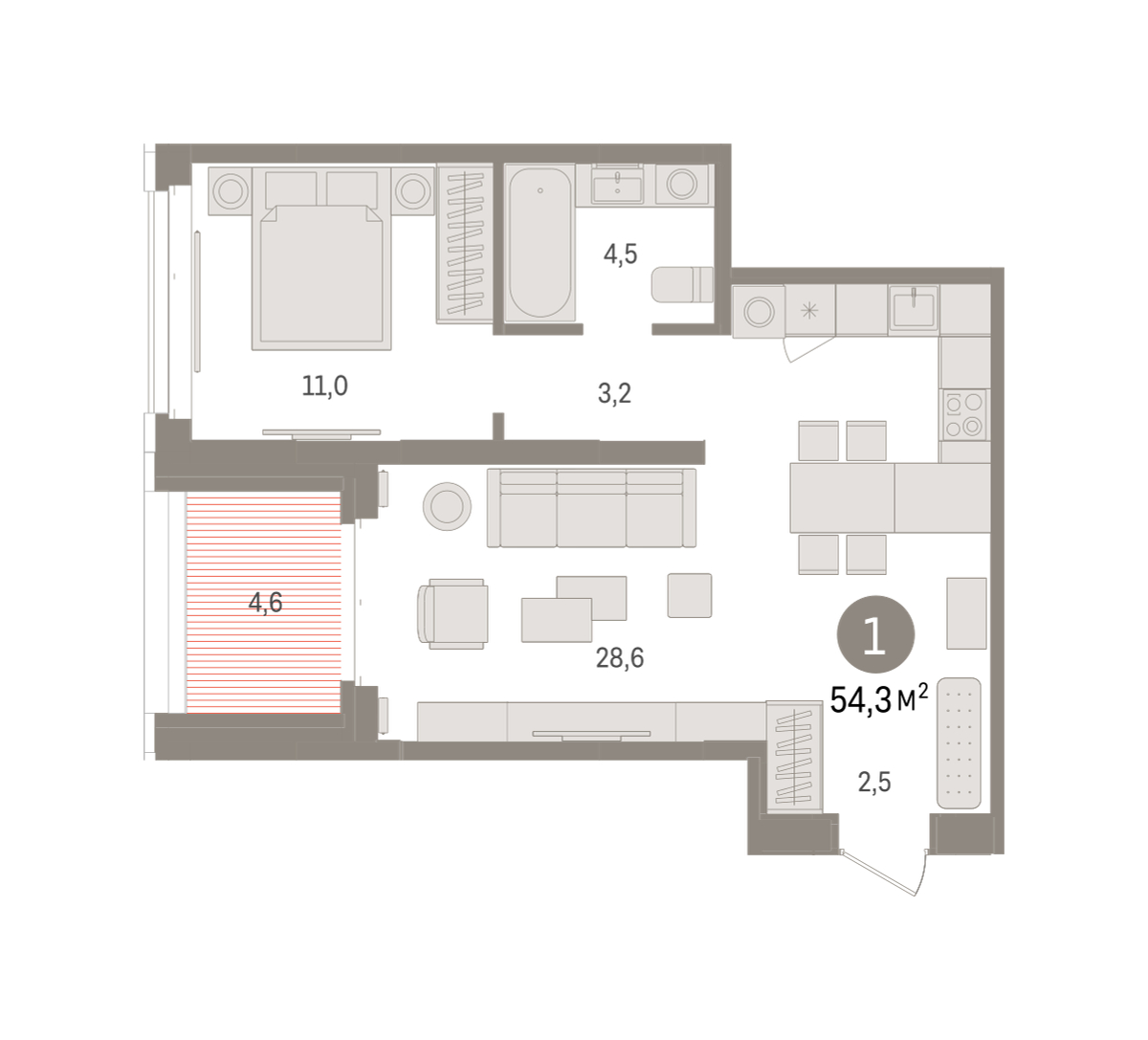 Планировка: Евродвушка 54.3 м² в ЖК На Минской, Центр: Драмтеатр